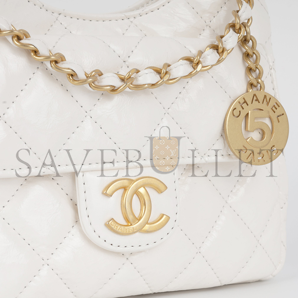 CHANEL MASTER WHITE SHINY CRUMPLED CALFSKIN HOBO BAG SMALL AGED GOLD HARDWARE (19*17*16cm)